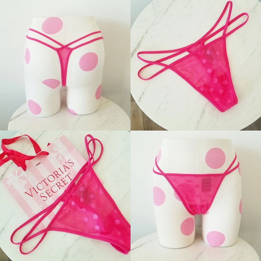 Victoria's Secret PINK Strappy Polka Dot Mesh Thong V-String G-String Panty NWT